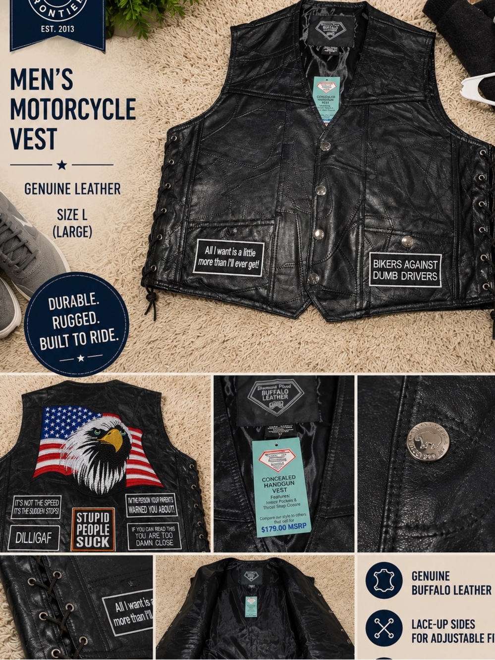 Men's Black Genuine Buffalo Leather Motorcycle Vest with Eagle Patch